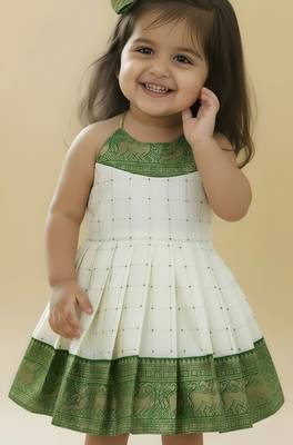 Green south indian readymade traditional pattu pavadai jacquard frock dress for baby girls 3