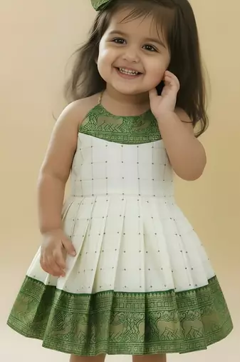 Green south indian readymade traditional pattu pavadai jacquard frock dress for baby girls