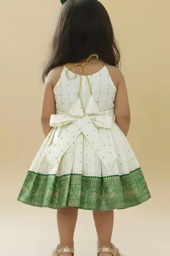 Green south indian readymade traditional pattu pavadai jacquard frock dress for baby girls