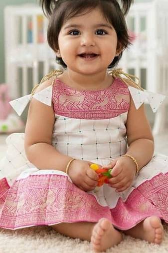 Pink south indian readymade traditional pattu pavadai jacquard frock dress for baby girls