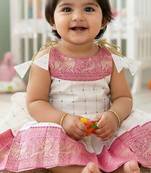 Pink south indian readymade traditional pattu pavadai jacquard frock dress for baby girls
