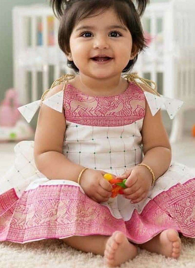 Pink south indian readymade traditional pattu pavadai jacquard frock dress for baby girls
