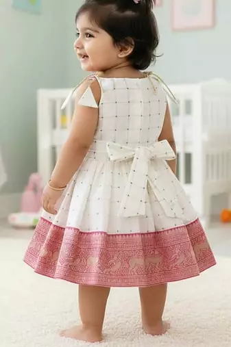 Pink south indian readymade traditional pattu pavadai jacquard frock dress for baby girls