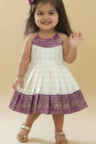 Purple south indian readymade traditional pattu pavadai jacquard frock dress for baby girls