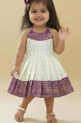 Purple south indian readymade traditional pattu pavadai jacquard frock dress for baby girls