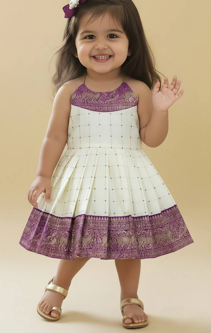 Purple south indian readymade traditional pattu pavadai jacquard frock dress for baby girls