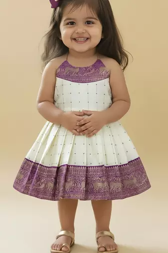 Purple south indian readymade traditional pattu pavadai jacquard frock dress for baby girls