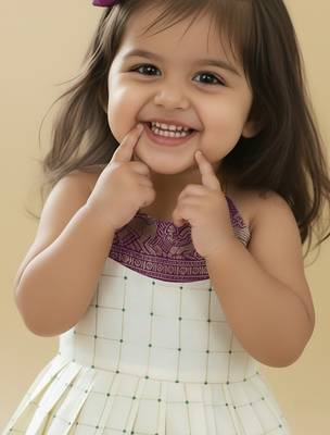 Purple south indian readymade traditional pattu pavadai jacquard frock dress for baby girls 3
