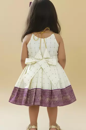 Purple south indian readymade traditional pattu pavadai jacquard frock dress for baby girls
