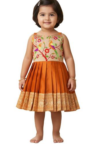 Orange south indian traditional pattu pavadai jacquard frock dress for baby girls