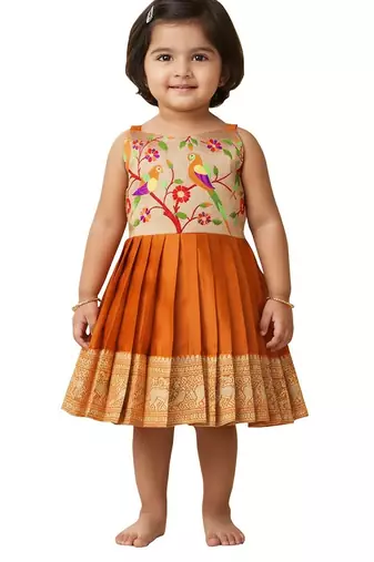 Orange south indian traditional pattu pavadai jacquard frock dress for baby girls