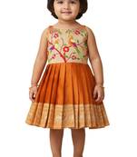 Orange south indian traditional pattu pavadai jacquard frock dress for baby girls