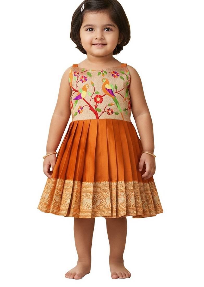 Orange south indian traditional pattu pavadai jacquard frock dress for baby girls