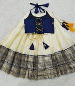 Blue indian readymade traditional pattu pavadai tapeta silk lehenga choli dress for kids