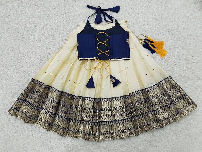 Blue indian readymade traditional pattu pavadai tapeta silk lehenga choli dress for kids