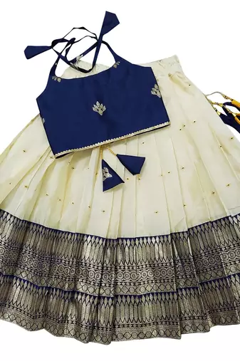 Blue indian readymade traditional pattu pavadai tapeta silk lehenga choli dress for kids