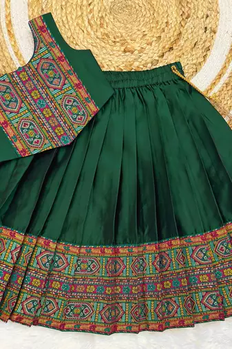 Green south indian traditional pattu pavadai silk blend readymade lehenga choli dress for girl's