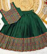 Green south indian traditional pattu pavadai silk blend readymade lehenga choli dress for girl's