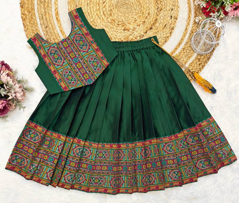 Green south indian traditional pattu pavadai silk blend readymade lehenga choli dress for girl's