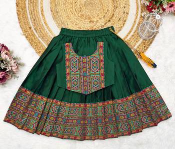 Green south indian traditional pattu pavadai silk blend readymade lehenga choli dress for girl's 2