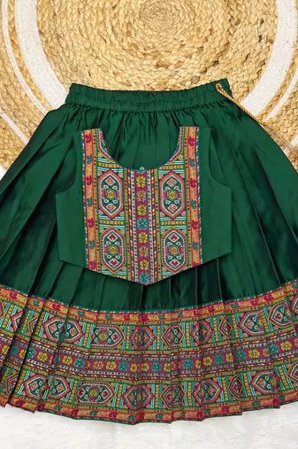 Green south indian traditional pattu pavadai silk blend readymade lehenga choli dress for girl's