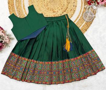 Green south indian traditional pattu pavadai silk blend readymade lehenga choli dress for girl's 3