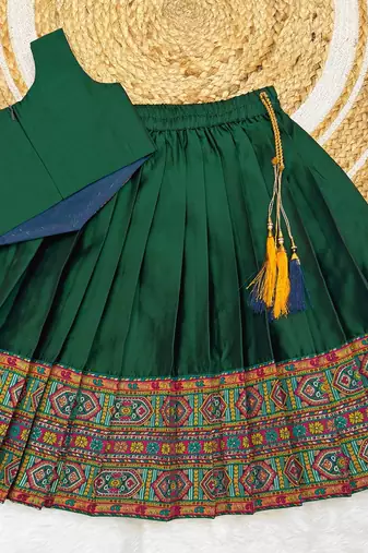 Green south indian traditional pattu pavadai silk blend readymade lehenga choli dress for girl's