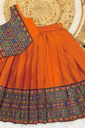 Orange south indian traditional pattu pavadai silk blend readymade lehenga choli dress for girl's