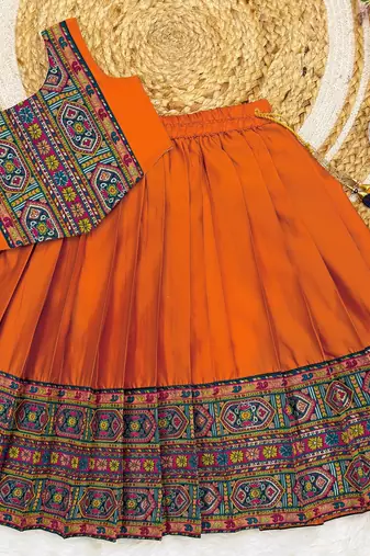 Orange south indian traditional pattu pavadai silk blend readymade lehenga choli dress for girl's