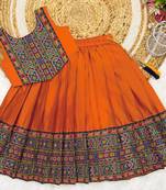 Orange south indian traditional pattu pavadai silk blend readymade lehenga choli dress for girl's