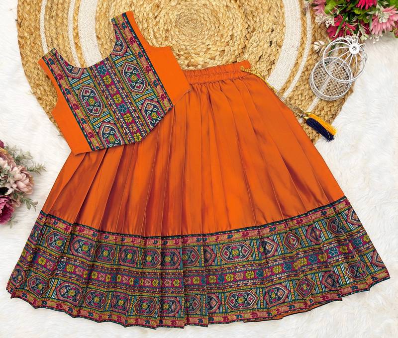Orange south indian traditional pattu pavadai silk blend readymade lehenga choli dress for girl's