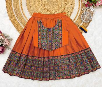 Orange south indian traditional pattu pavadai silk blend readymade lehenga choli dress for girl's 2