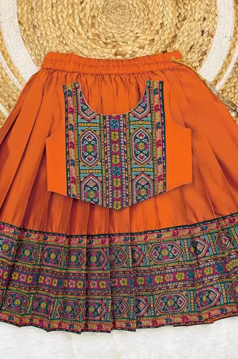 Orange south indian traditional pattu pavadai silk blend readymade lehenga choli dress for girl's
