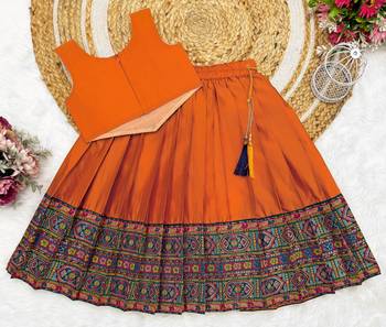 Orange south indian traditional pattu pavadai silk blend readymade lehenga choli dress for girl's 3