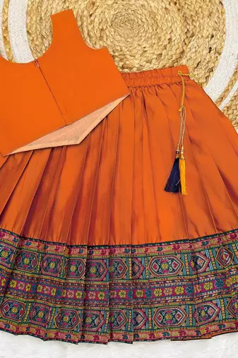 Orange south indian traditional pattu pavadai silk blend readymade lehenga choli dress for girl's