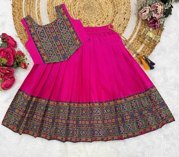 Pink south indian traditional pattu pavadai silk blend readymade lehenga choli dress for girl's 1