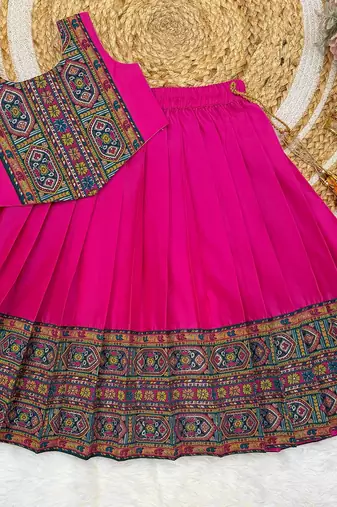 Pink south indian traditional pattu pavadai silk blend readymade lehenga choli dress for girl's