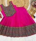 Pink south indian traditional pattu pavadai silk blend readymade lehenga choli dress for girl's