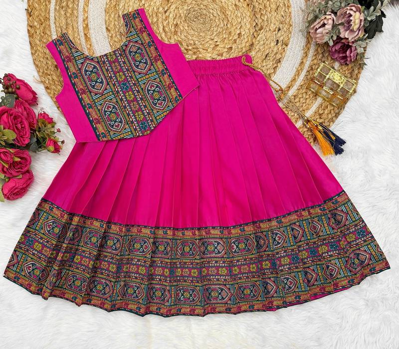 Pink south indian traditional pattu pavadai silk blend readymade lehenga choli dress for girl's