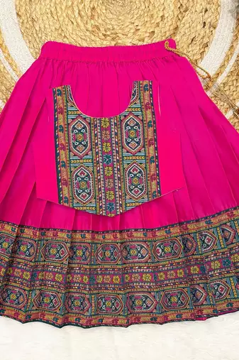 Pink south indian traditional pattu pavadai silk blend readymade lehenga choli dress for girl's