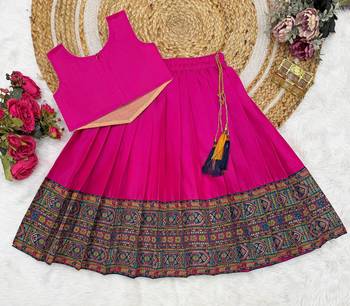 Pink south indian traditional pattu pavadai silk blend readymade lehenga choli dress for girl's 3