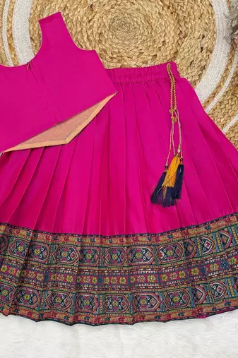Pink south indian traditional pattu pavadai silk blend readymade lehenga choli dress for girl's