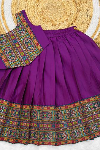 Purple south indian traditional pattu pavadai silk blend readymade lehenga choli dress for girl's