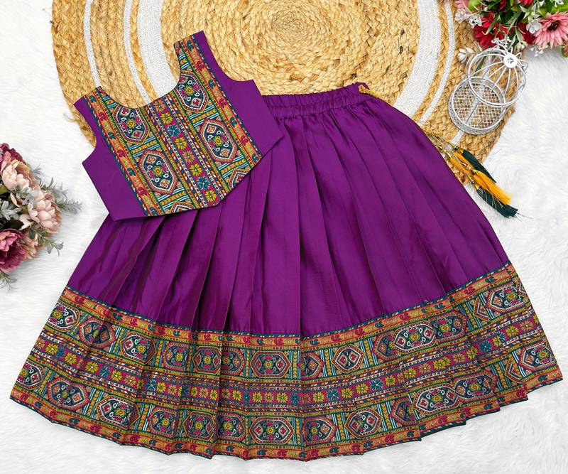 Purple south indian traditional pattu pavadai silk blend readymade lehenga choli dress for girl's