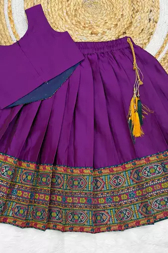 Purple south indian traditional pattu pavadai silk blend readymade lehenga choli dress for girl's