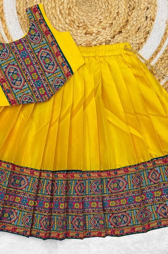 Yellow south indian traditional pattu pavadai silk blend readymade lehenga choli dress for girls