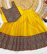 Yellow south indian traditional pattu pavadai silk blend readymade lehenga choli dress for girls