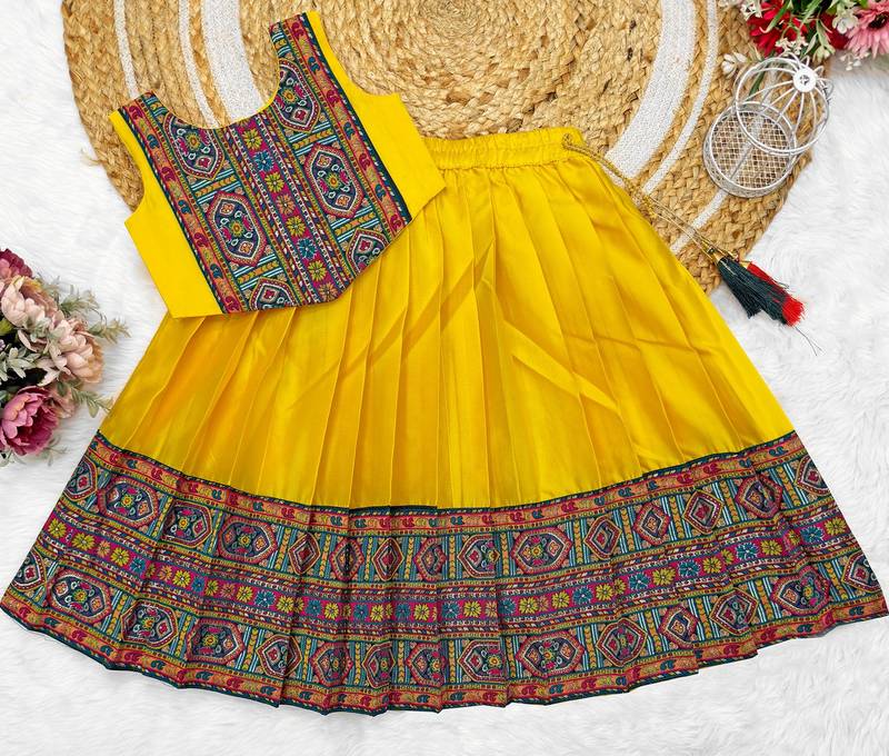 Yellow south indian traditional pattu pavadai silk blend readymade lehenga choli dress for girls