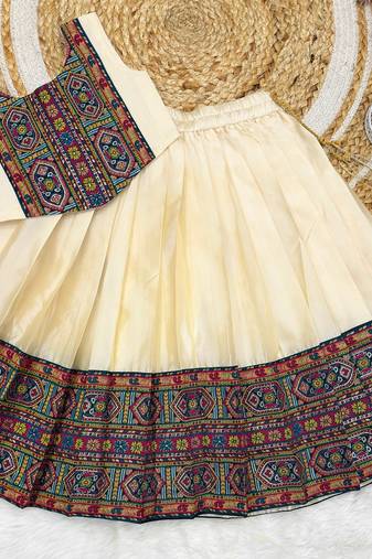 Off-white south indian traditional pattu pavadai silk blend readymade lehenga choli dress for girl's