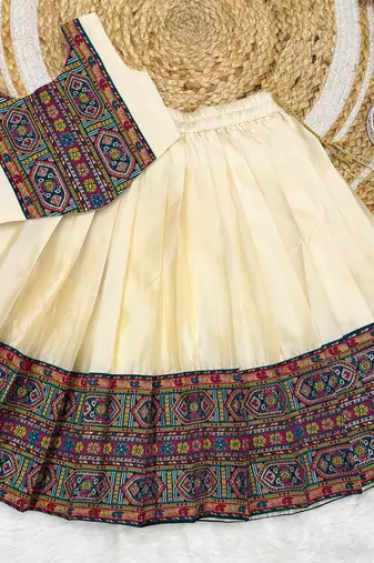 Off-white south indian traditional pattu pavadai silk blend readymade lehenga choli dress for girl's
